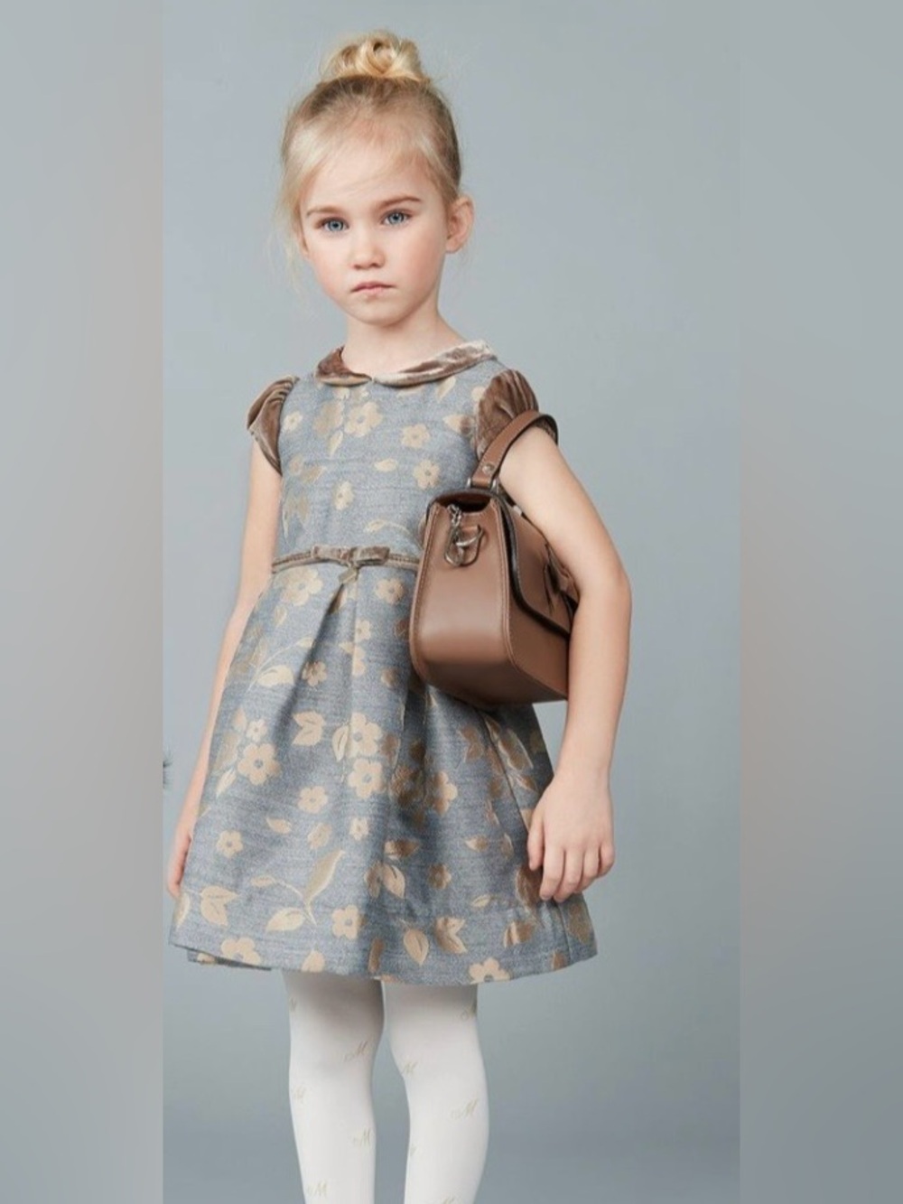 Monnnalisa Girl’s Velvet Bow Belted Brocade/Jacquard Wool Dress, Gray/Gold, 6Y